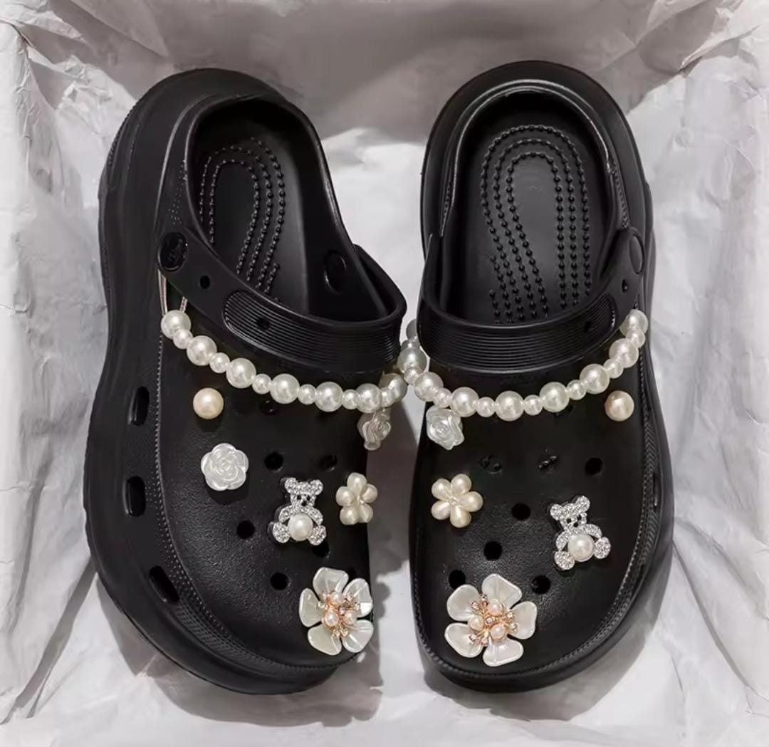 Pearl chain flower decor chunky thick bottom beach clogs shoes 3106