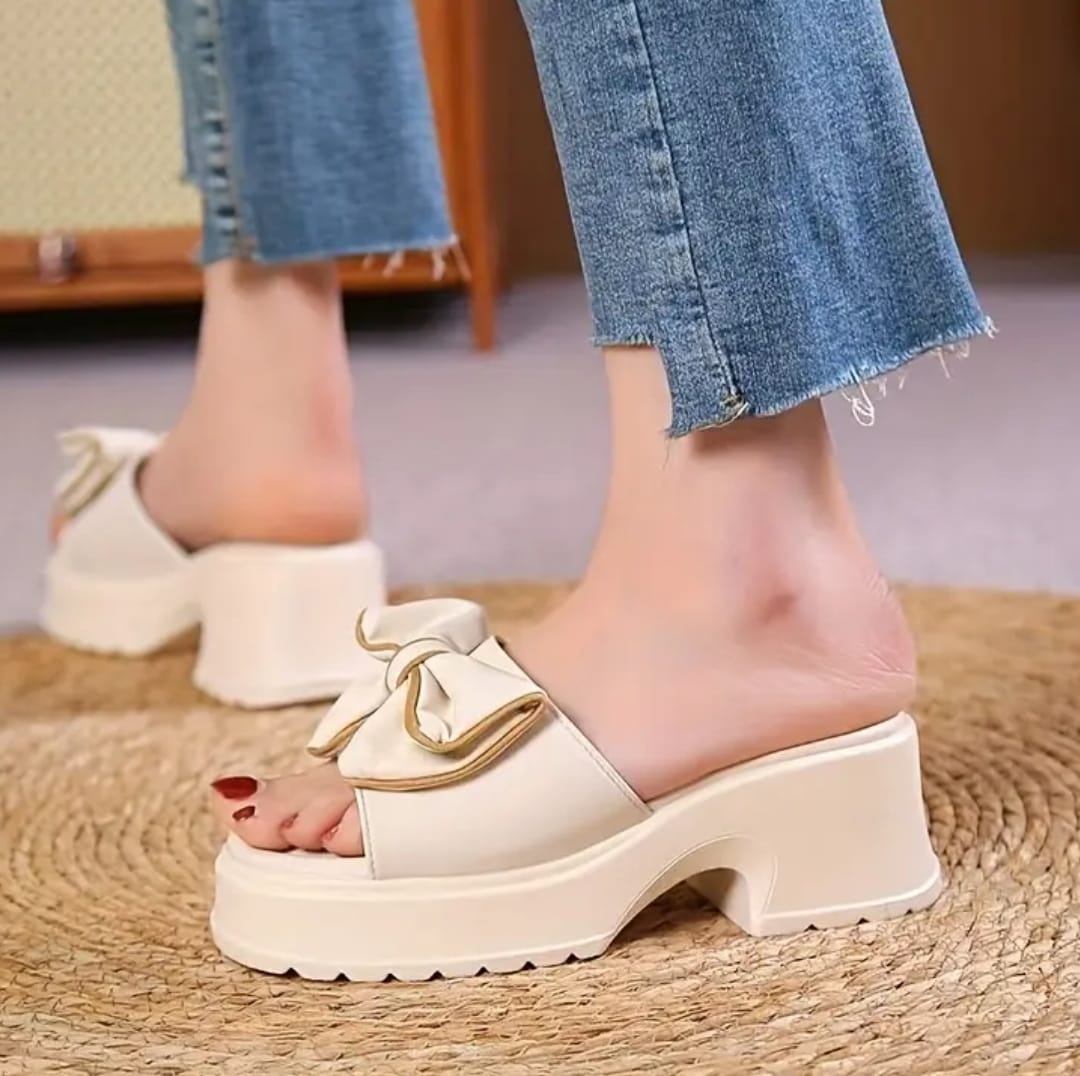 BOW KNOT PLATFORM FLIPFLOP WOMEN BLOCK HEEL SLIDES SLIPPER GIRLS HIGH HEEL SANDAL 2950