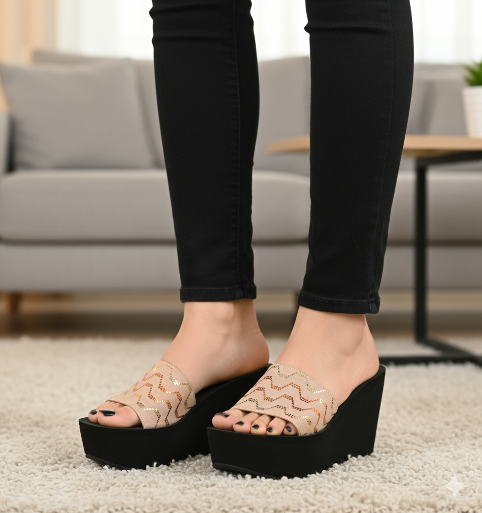 Fancy elastic fabric strap high wedge 4 inches slipper