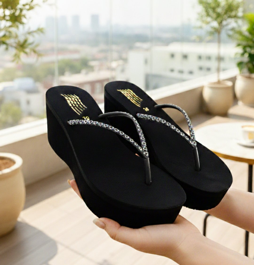 Fancy rhinestones stylish mesh 2.5 inches high slipper