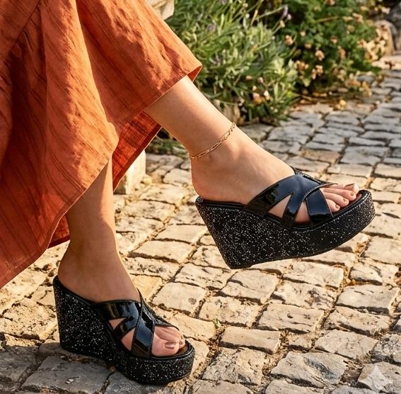 Elegant glitter criss cross straps chic wedges slides 3063