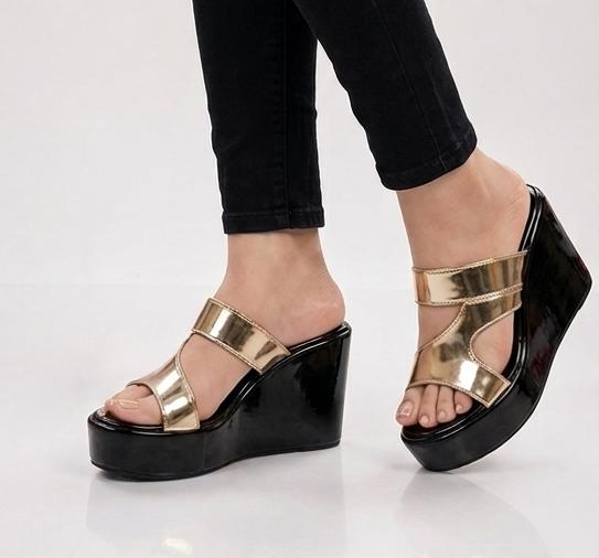 Urban shine glamour high wedge glossy black platform mule 3054