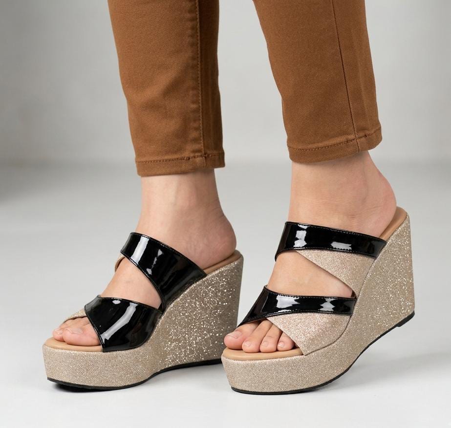 Glamour stride shimmer patent and glitter platform wedges mules 3083