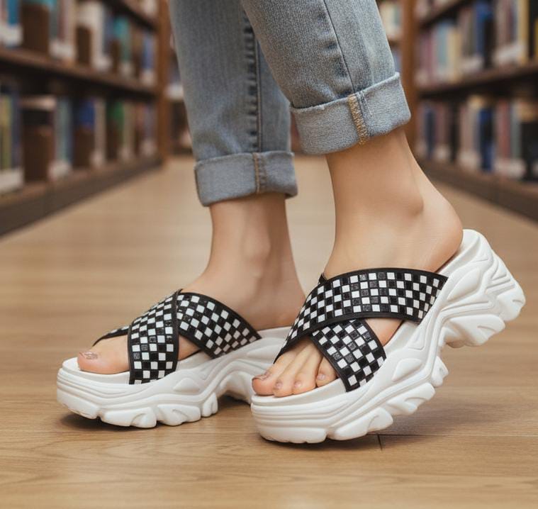 Chess print high wedge china sole 3 inches slipper