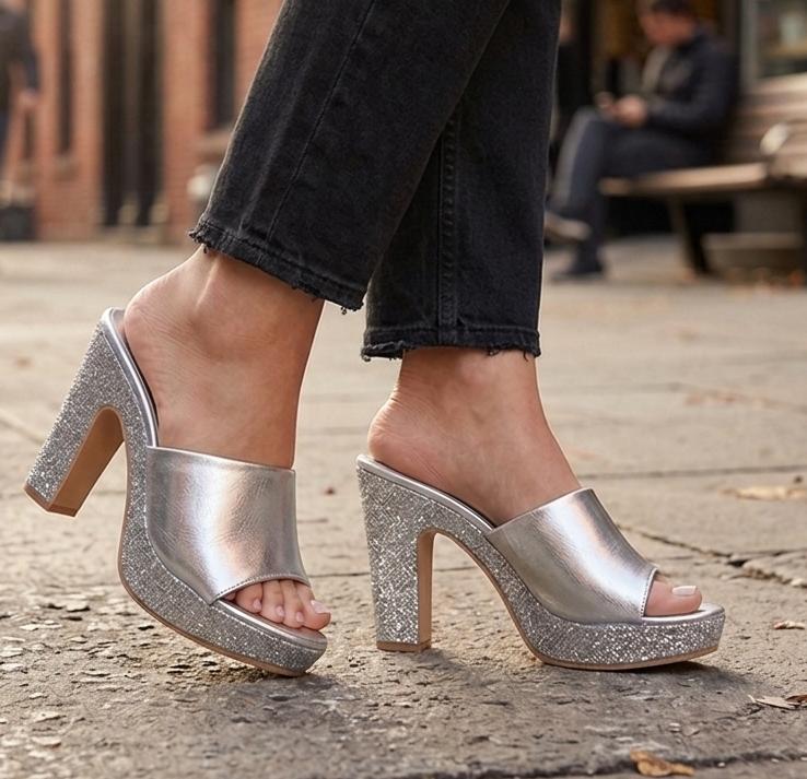 Glamorous glitter shimmering slip on platform block dress heel 3068