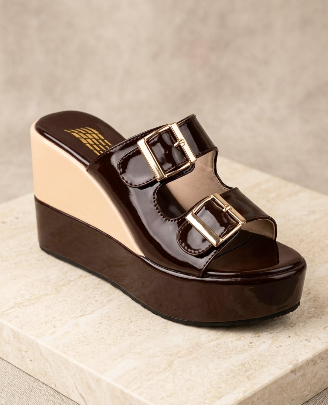 Two buckled straps platform patent high wedges mules 3062