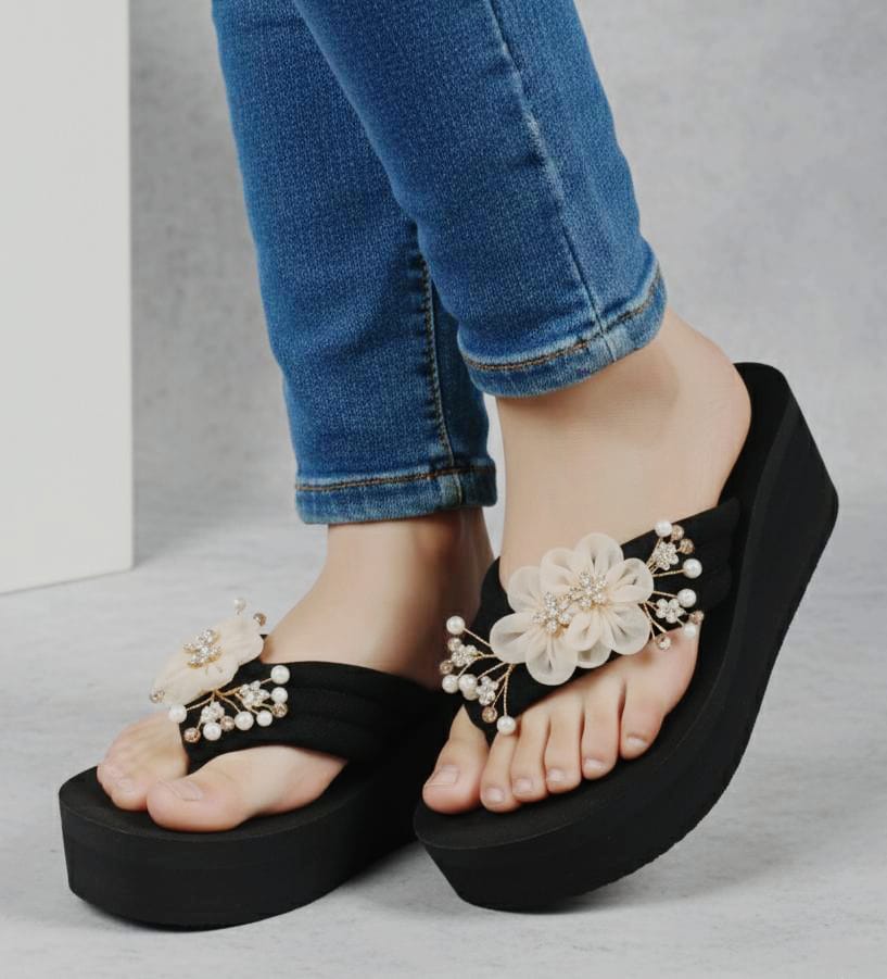 Fancy upper with artificial flower flip flops 2.5 to 2.75 inches high 3020