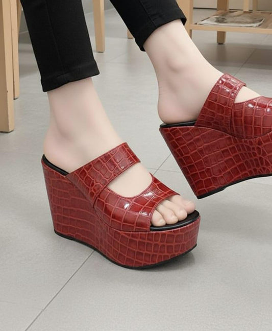 Chunky open toe high wedge shiny slip ons 3019