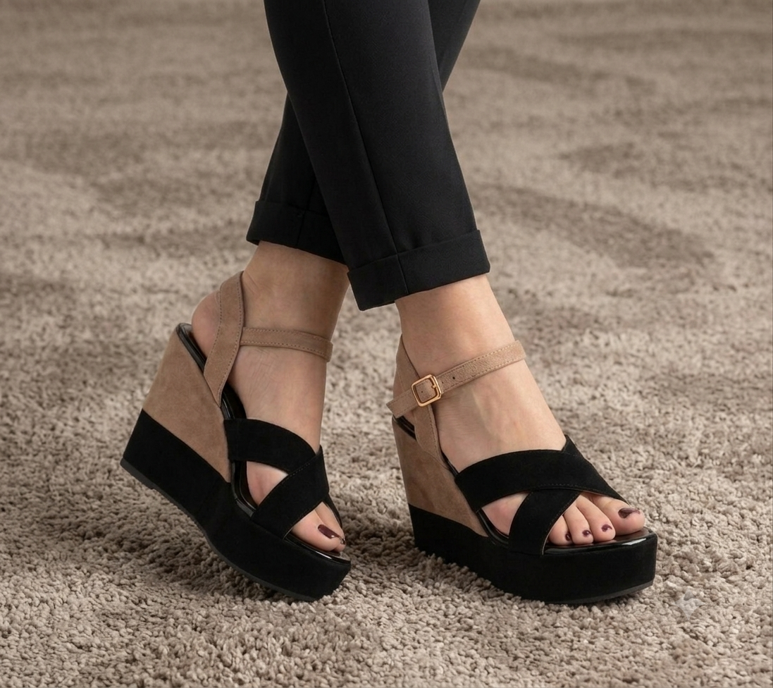 Duo tone elegant cross strap 10cm high wedge sandal 3025