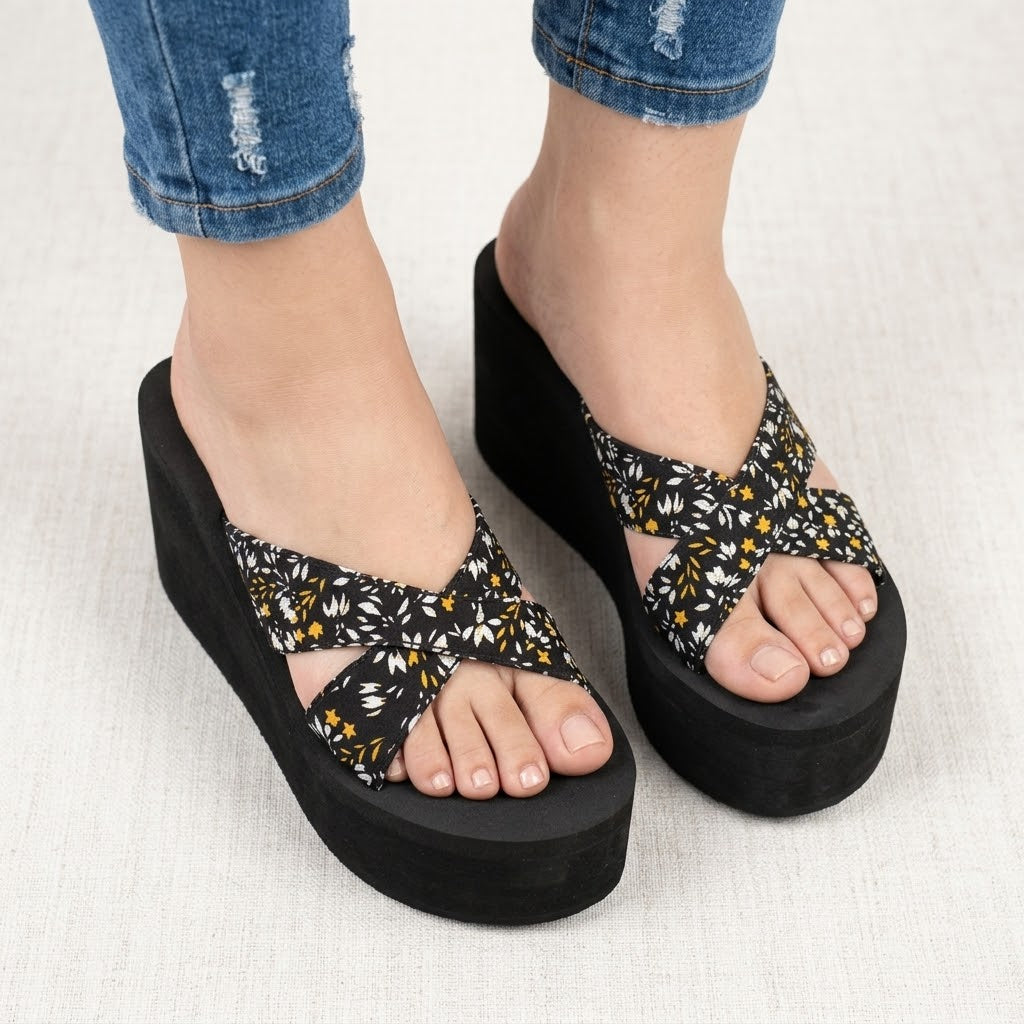 China Soft sole Floral print criss cross high wedge platform slides 3079