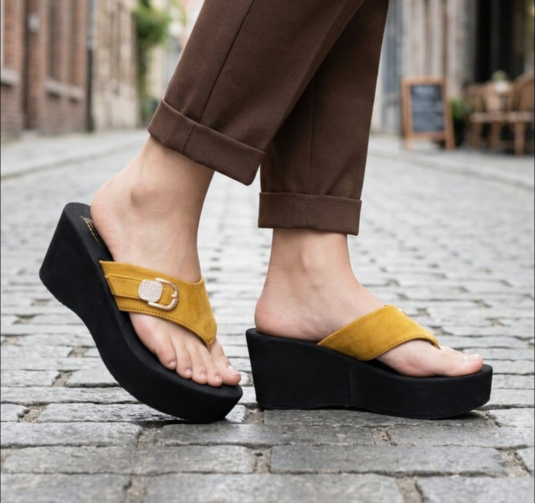 Glamour step royal buckle suede wedge slippers 3081