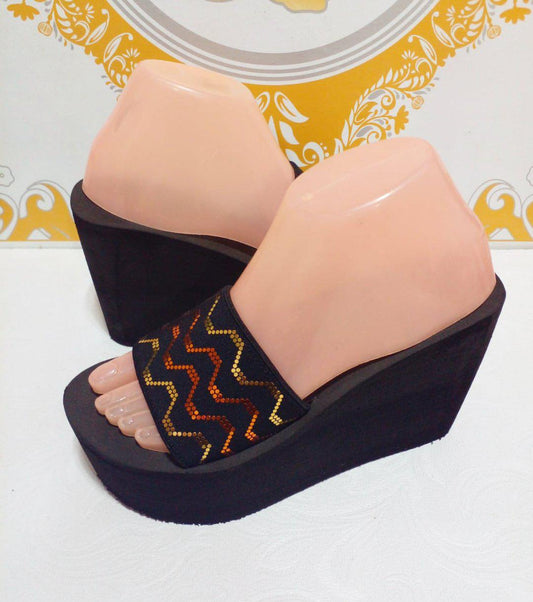 Fancy elastic fabric strap high wedge 4 inches slipper