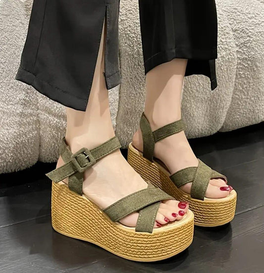 Wood look crisscross open toe ankle strap 3.5 high sandal