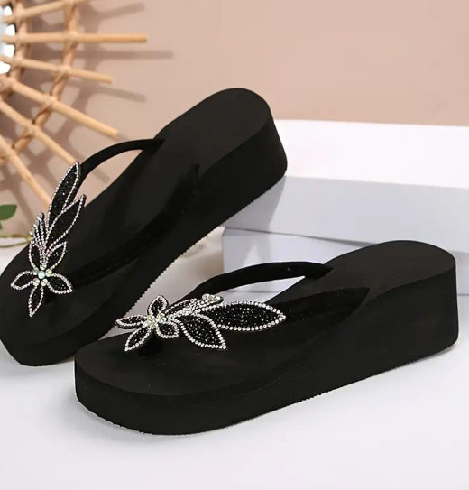 Rhinestone floral leaf pattern casual 2 inches slipper