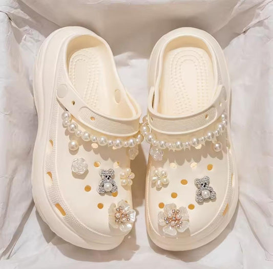 Pearl chain flower decor chunky thick bottom beach clogs shoes 3106