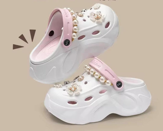 Pearl chain fancy decor thick bottom clogs platform shoes 3107