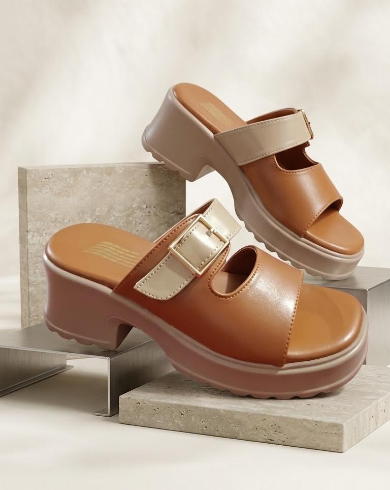 Open toe double straps PU sole chunky platform slides 3101
