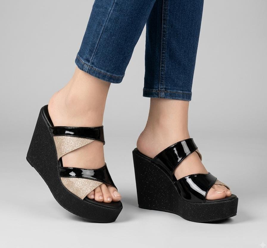 Glamour stride shimmer patent and glitter platform wedges mules 3083