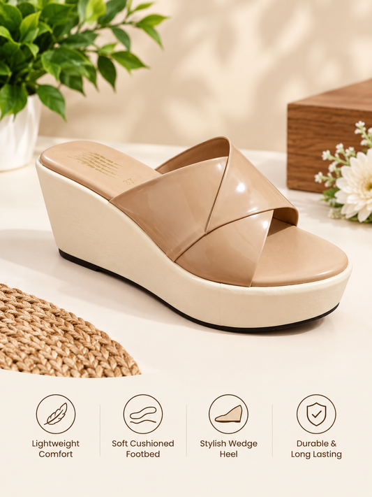 Bella cross straps shiny thick sole wedges 3089