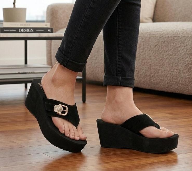 Glamour step royal buckle suede wedge slippers 3081