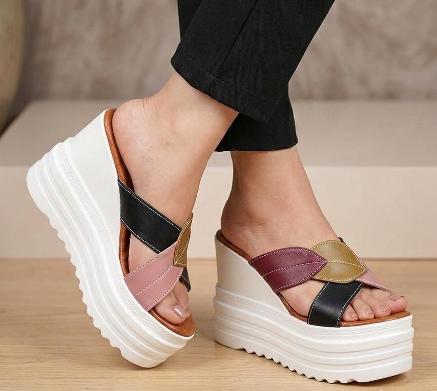 Stella multi leaf straps high wedge platform slides 3075