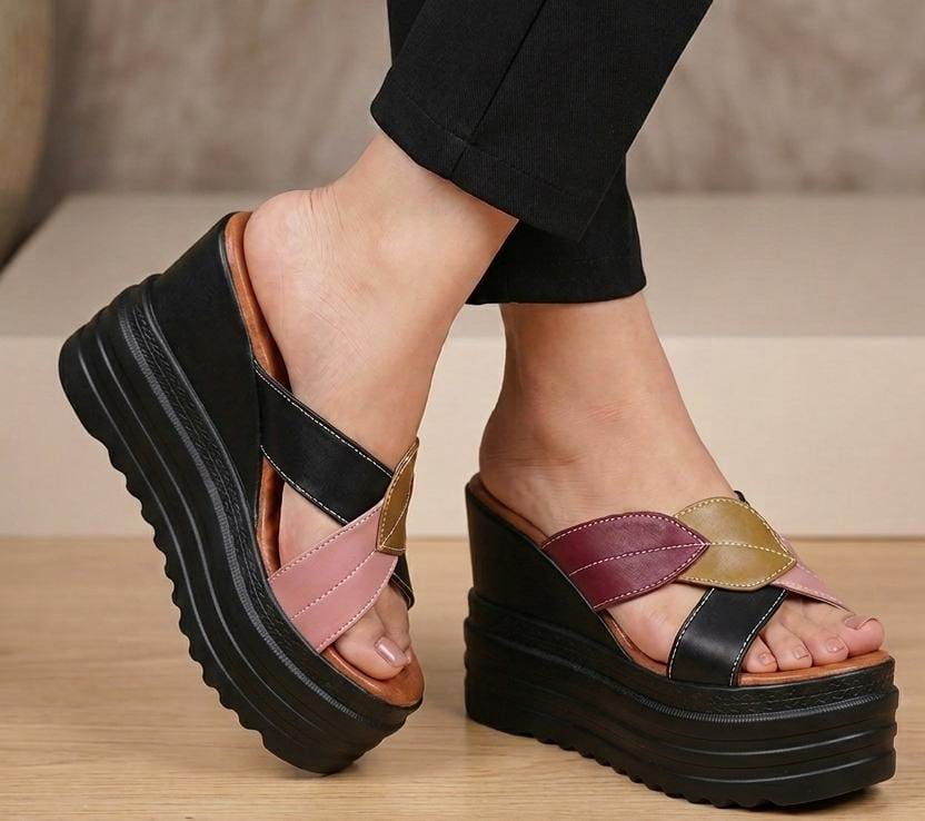 Stella multi leaf straps high wedge platform slides 3075