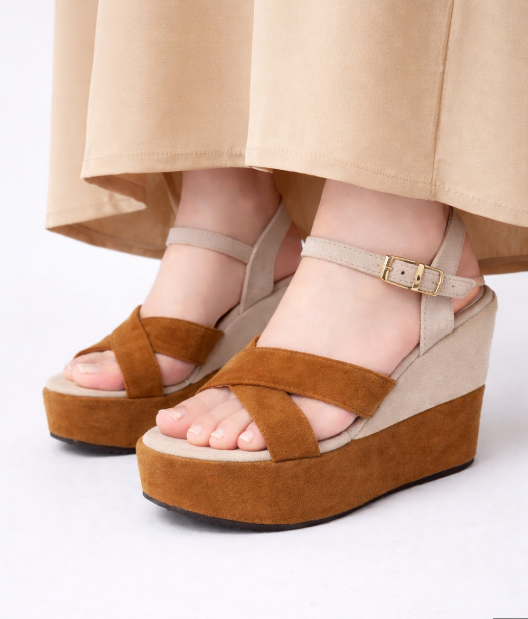 Duo tone elegant cross strap 10cm high wedge sandal 3025