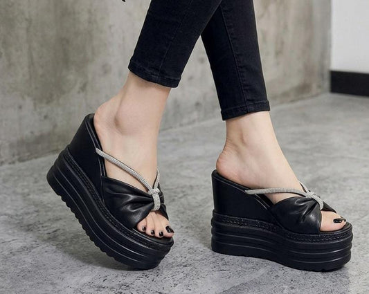 Rhinestones straps embellished knot platform wedges slides 3074