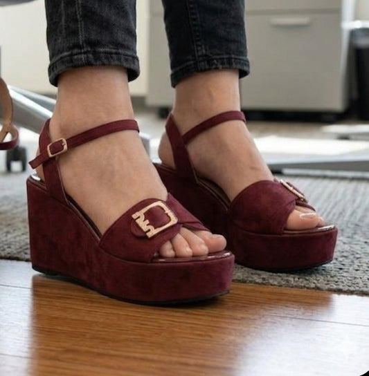 Ankle strap suede platform high wedge sandals 3053