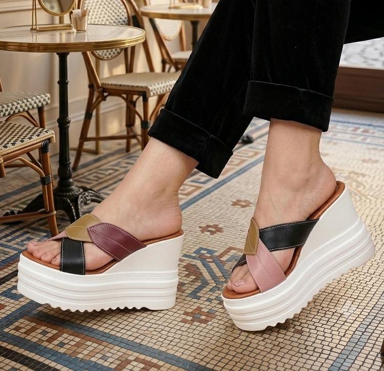 Stella multi leaf straps high wedge platform slides 3075