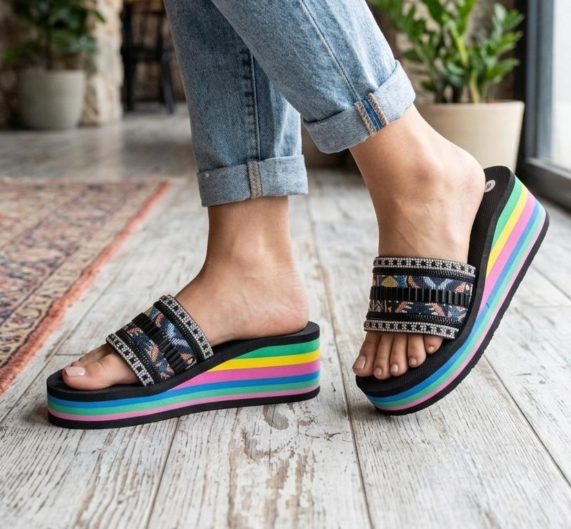 Rhinestones geometric vibe platform slides with multi-color striped sole 3066