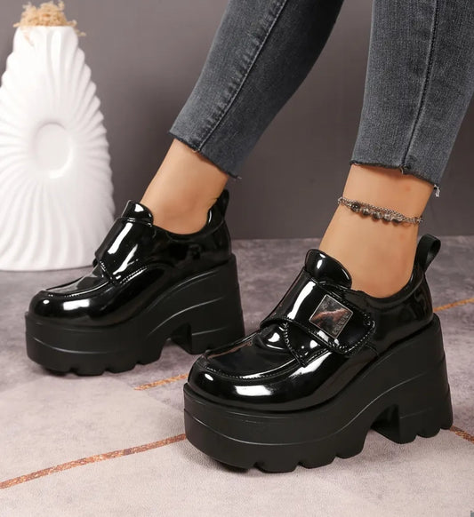 Chunky patent leather platform loafer high sole shoes 3014