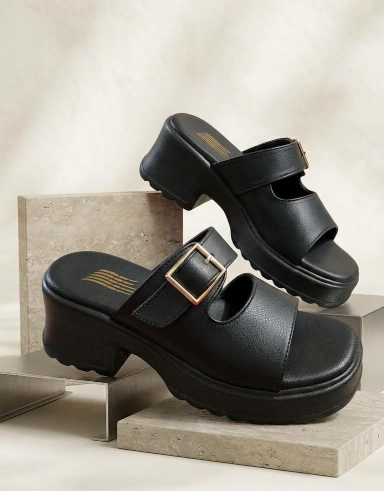 Open toe double straps PU sole chunky platform slides 3101
