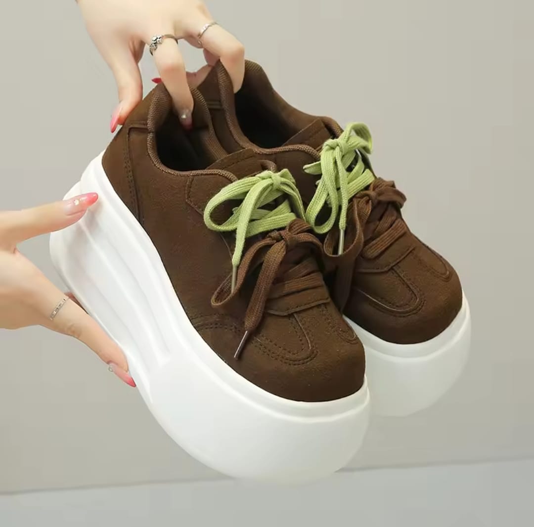 Microfiber leather chunky sneakers high platform wedge heel shoes 3012