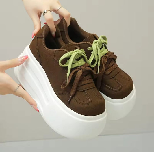 Microfiber leather chunky sneakers high platform wedge heel shoes 3012