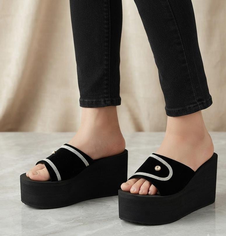 Starlight crystal velvet sparkle high platform wedges slides 3088