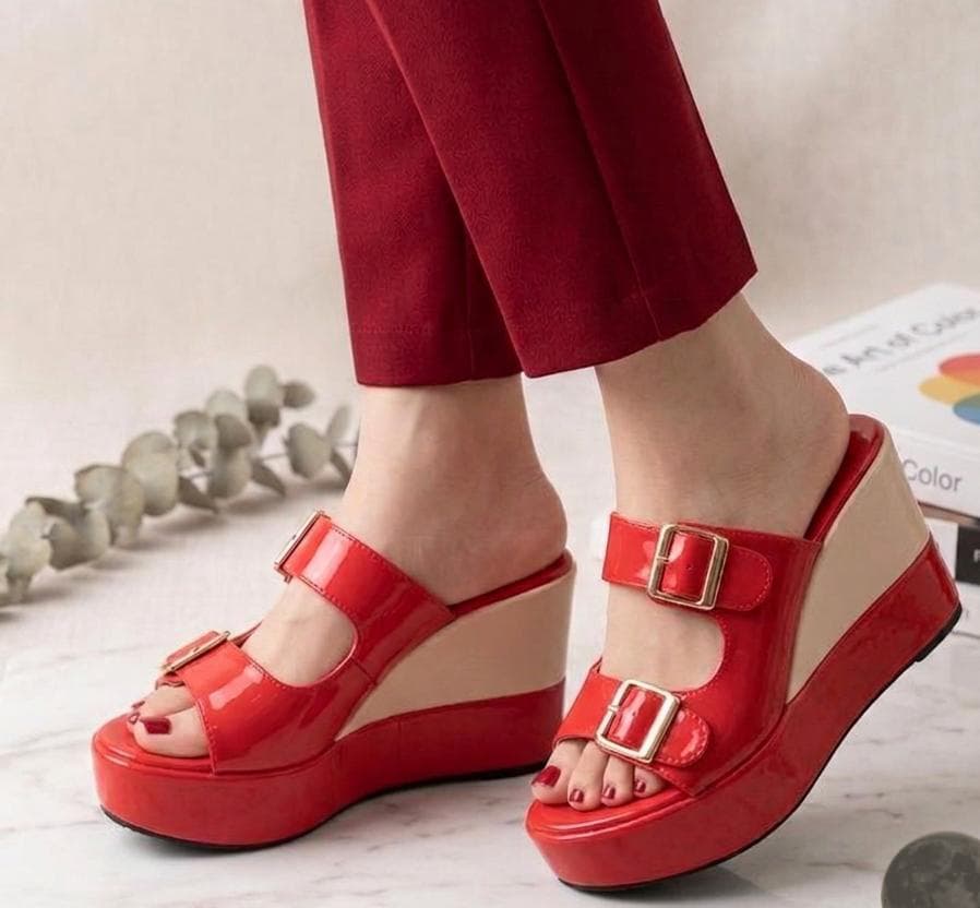 Two buckled straps platform patent high wedges mules 3062