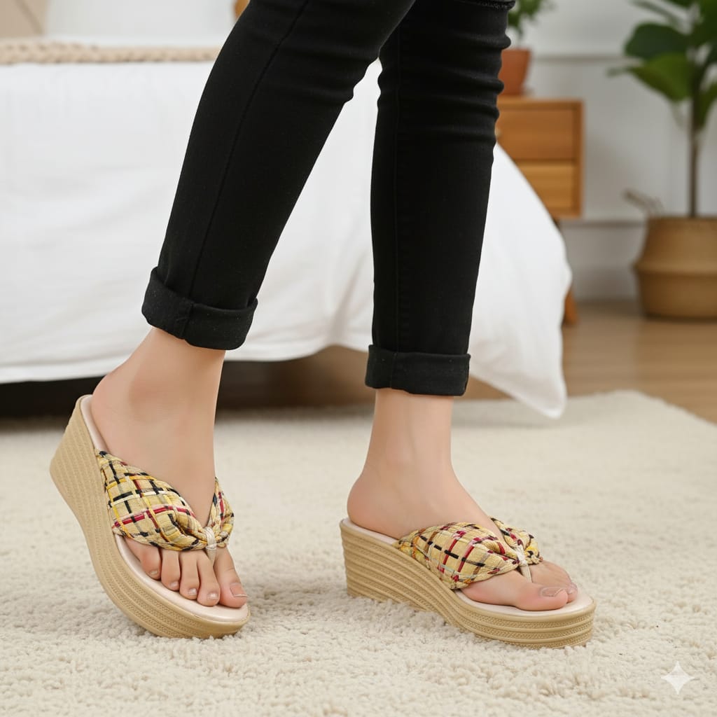 Wooden style fancy fabric upper 2.75 inches slipper