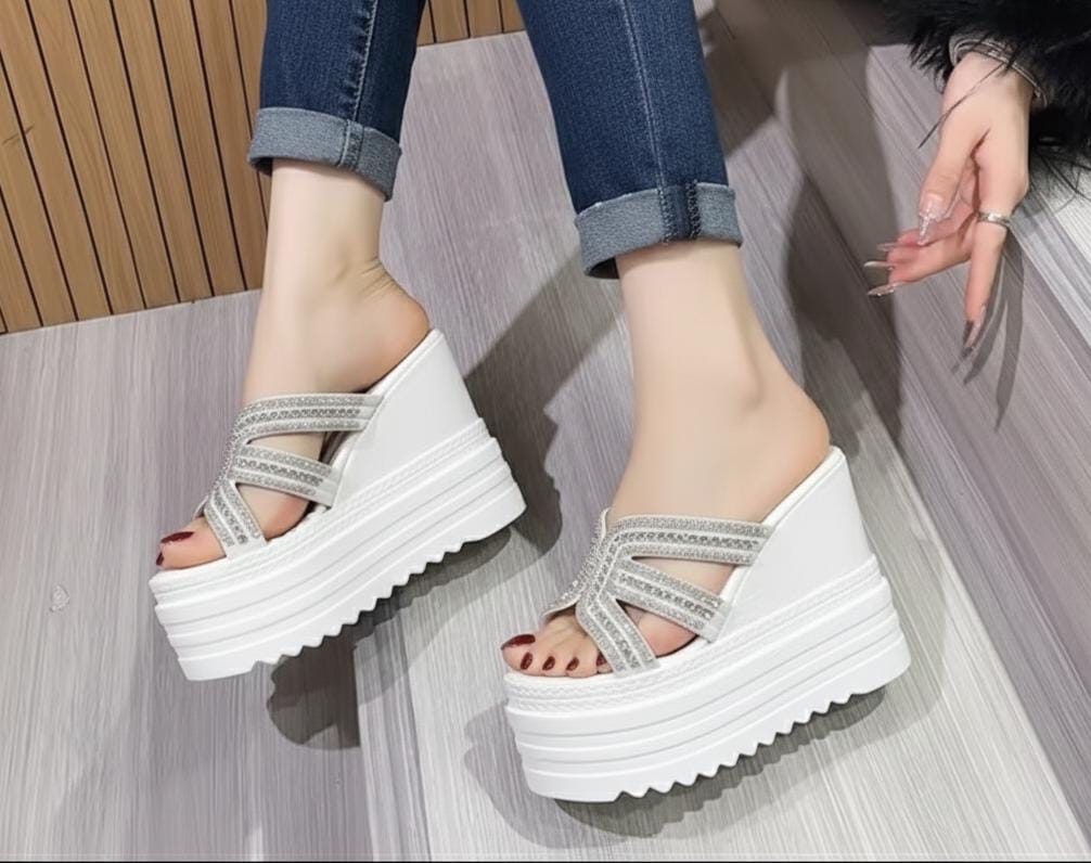 Thick sole rhinestones upper 5 inches high wedge chunky slipper 2932