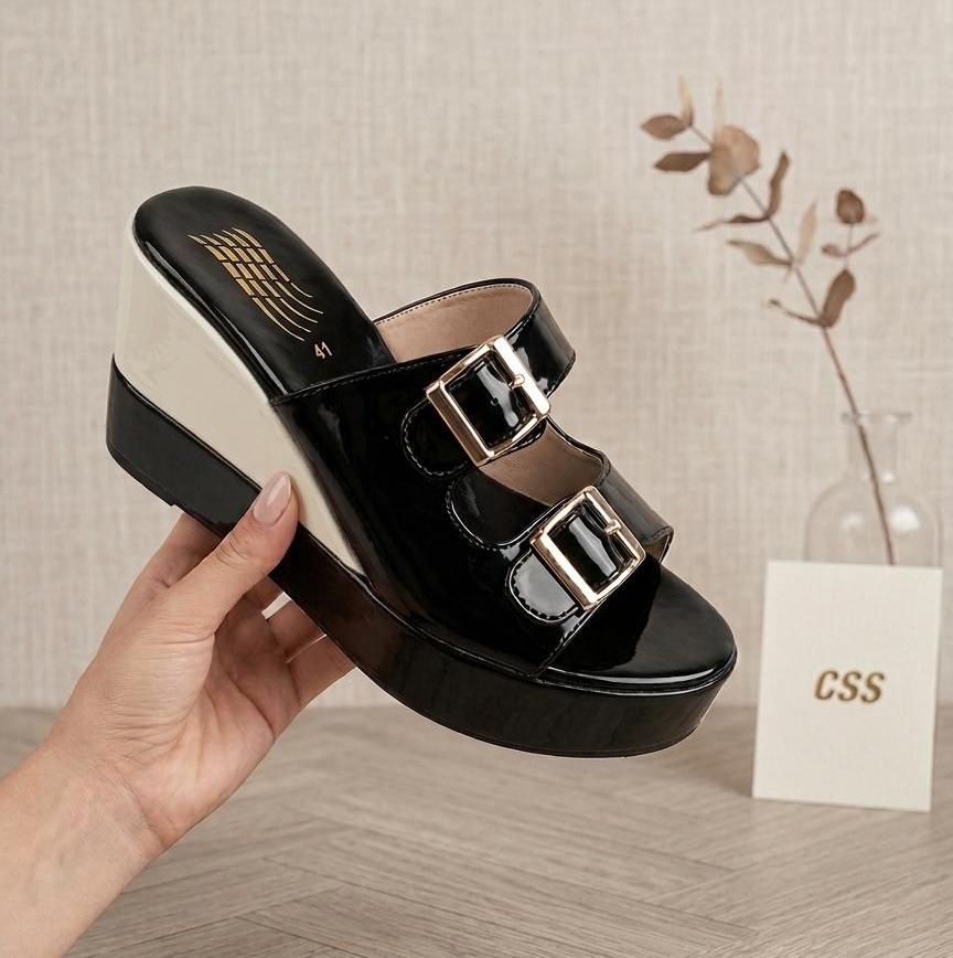 Two buckled straps platform patent high wedges mules 3062