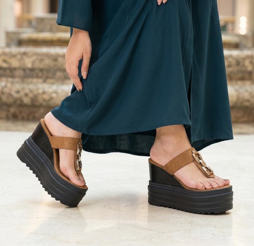 Elevated mustard suede t-straps buckle design platform high wedge 3069
