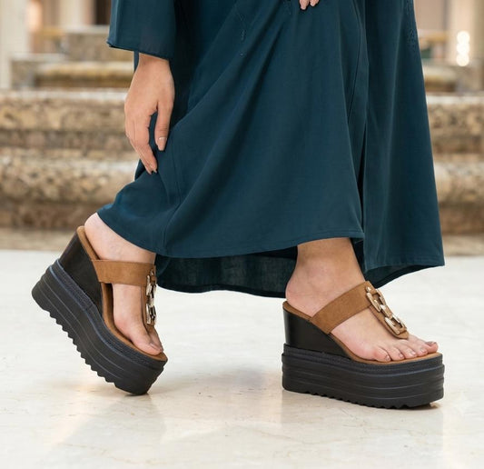 Elevated mustard suede t-straps buckle design platform high wedge 3069