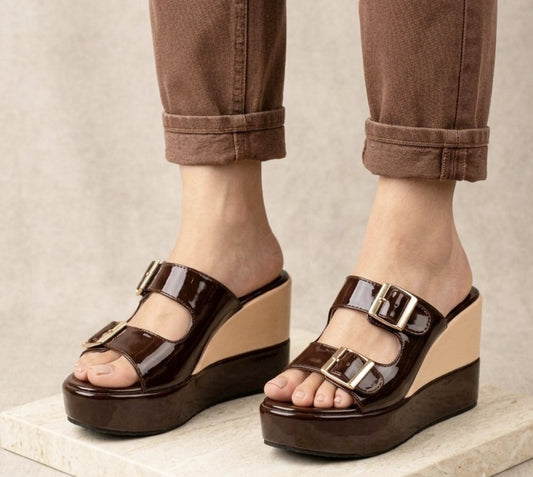 Two buckled straps platform patent high wedges mules 3062