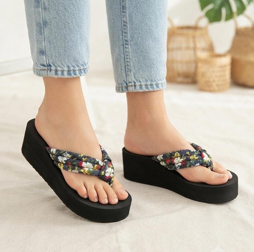 Floral print casual flip-flop 2.5 inches high sole slippers 2448