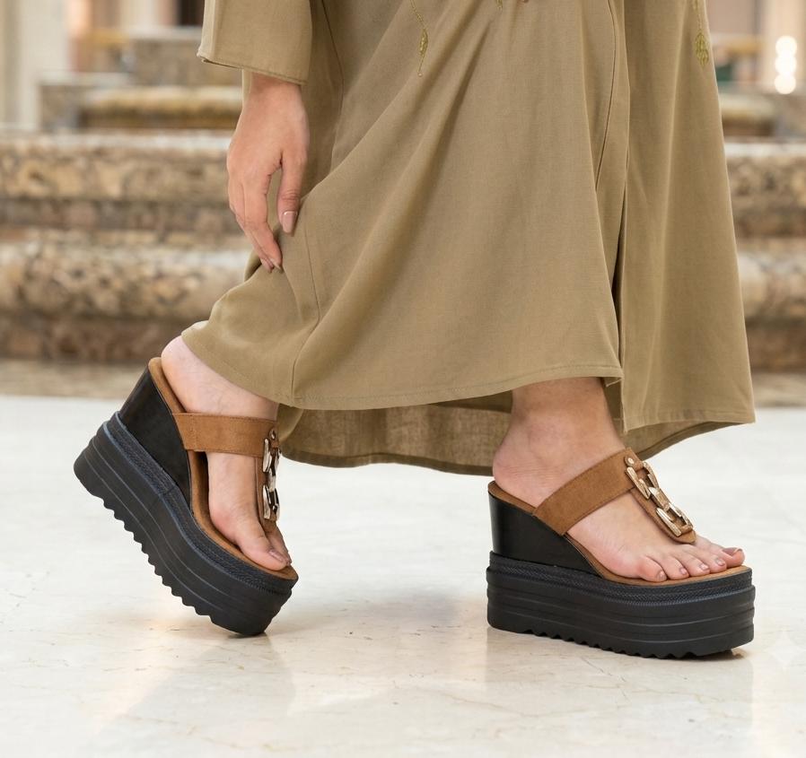Elevated mustard suede t-straps buckle design platform high wedge 3069
