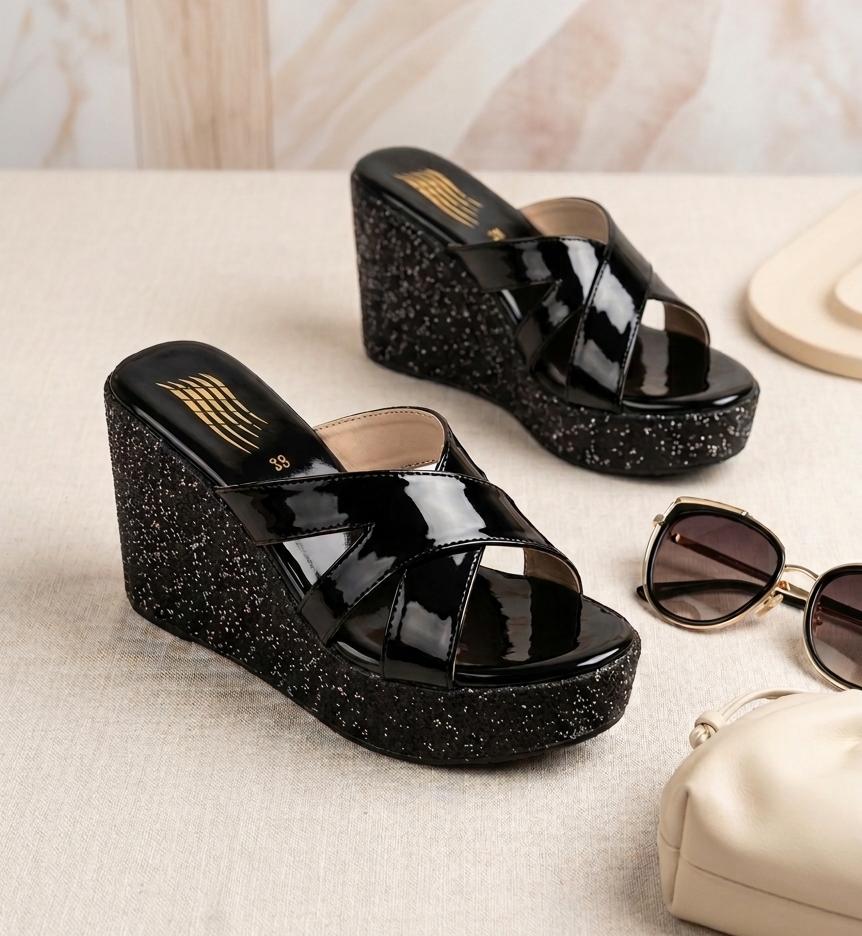 Elegant glitter criss cross straps chic wedges slides 3063