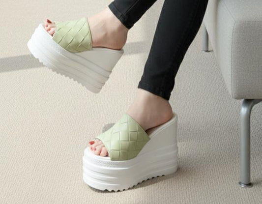 Trendy sage stack wedges matrix mules 5 inches high sole 2936