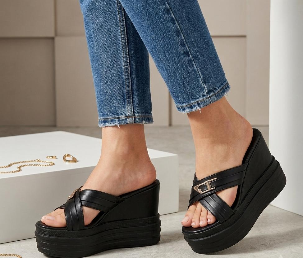 Chunky thick sole criss cross buckle platform wedges slides 3073
