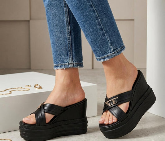 Chunky thick sole criss cross buckle platform wedges slides 3073
