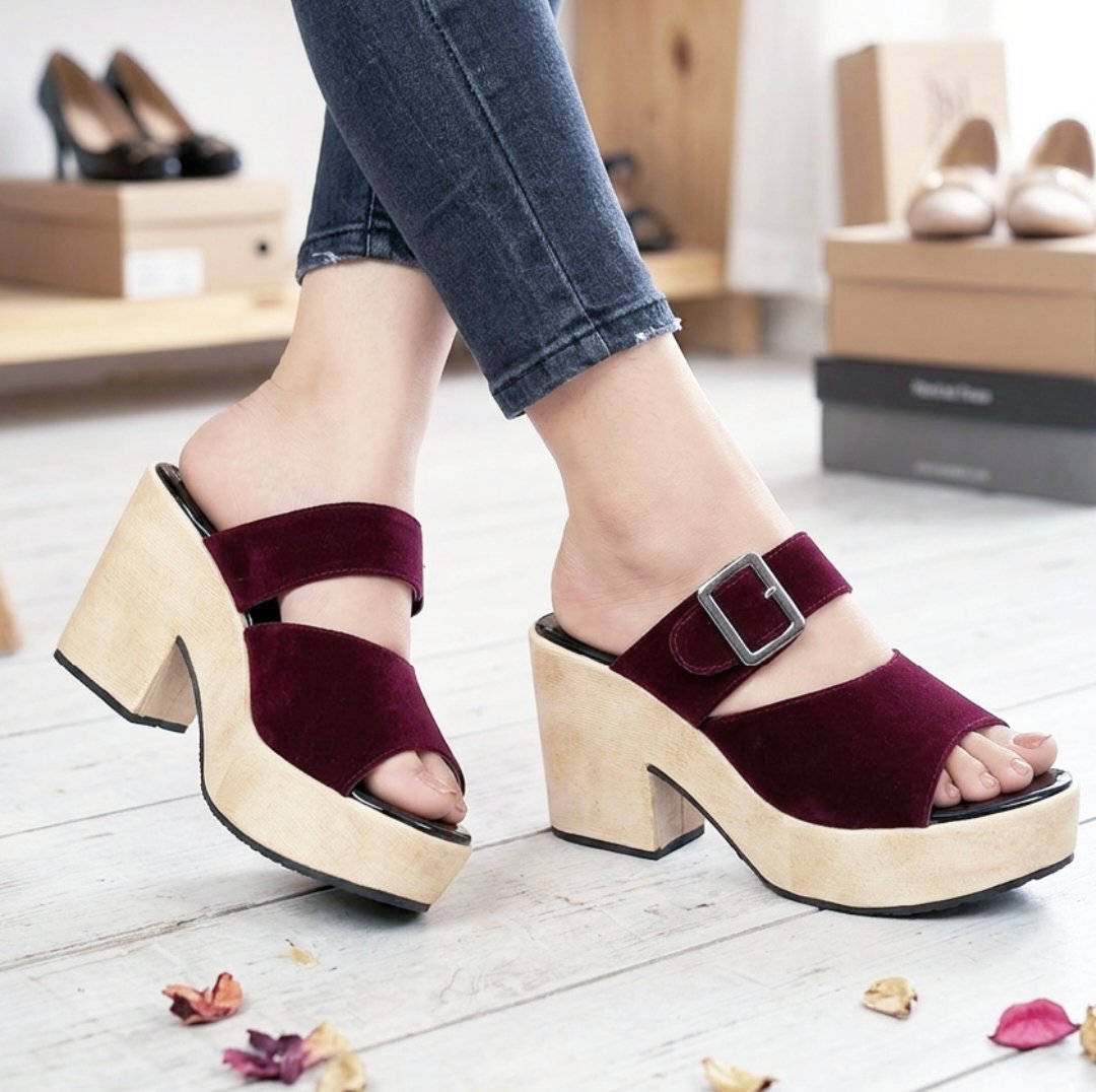 Suede double straps platform block heel mules 3059